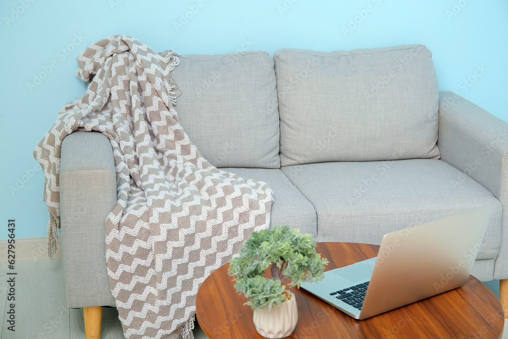 Grey sofa with cozy blanket and laptop on coffee table near blue wall