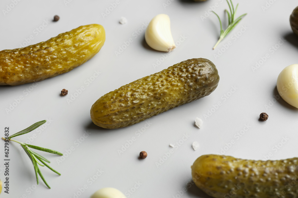 Pickled cucumbers and different spices on grey background