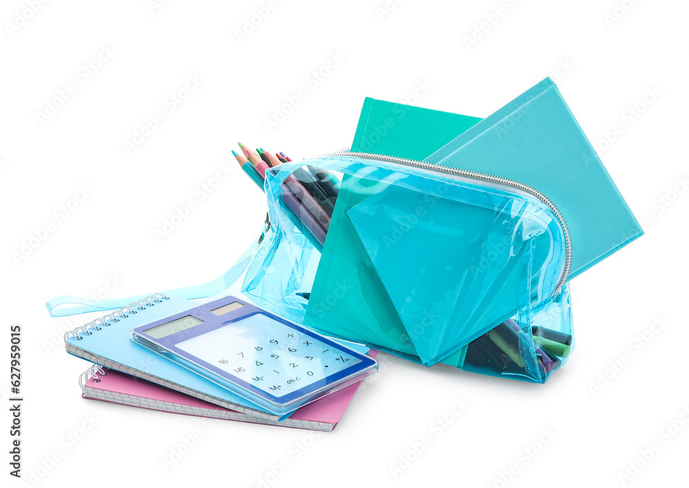 Notebooks and school stationery on white background