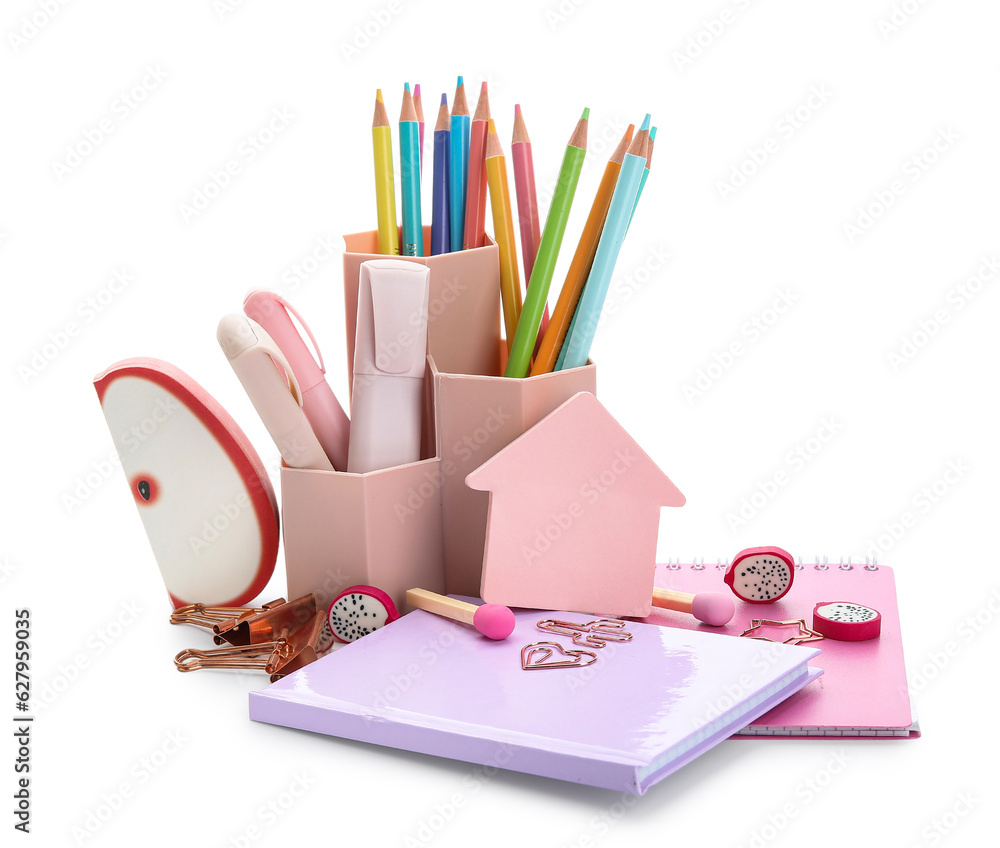 Cups with school stationery and notebooks on white background