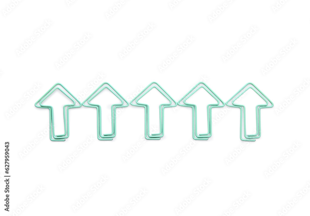 Set of paper clips in shape of arrows on white background