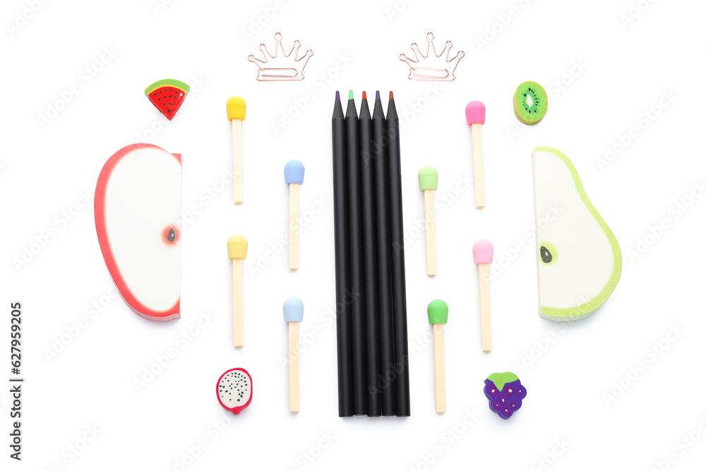 Different school stationery on white background