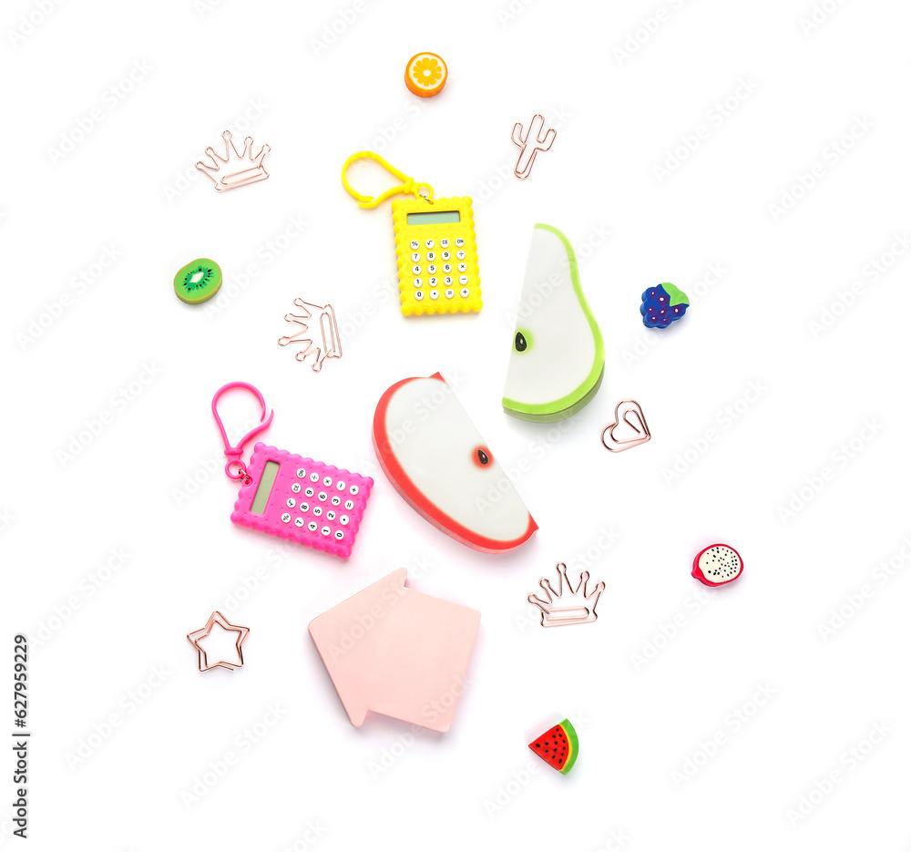 Different school stationery on white background