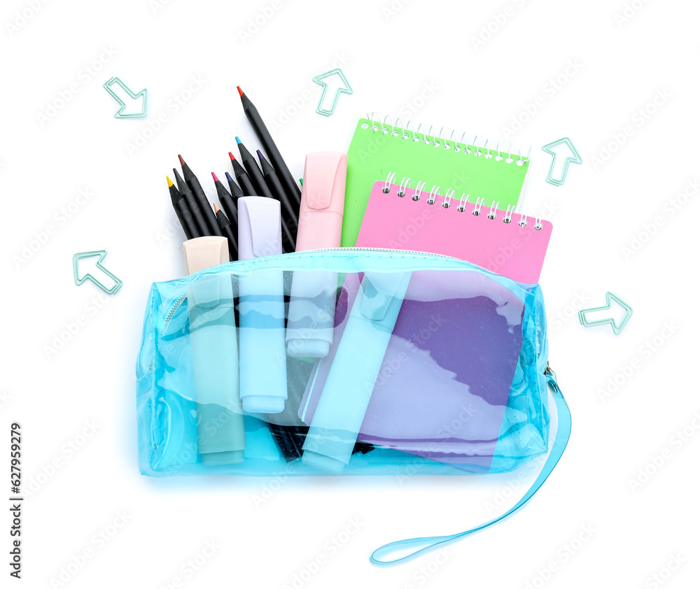 Pencil case with school stationery and notebooks on white background