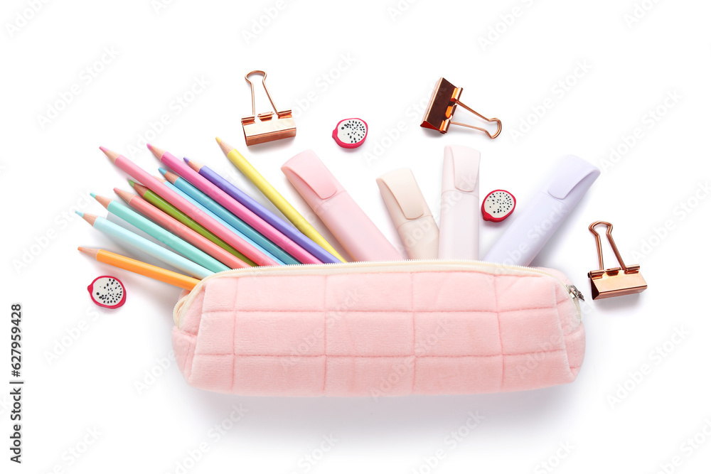 Pencil case and school stationery on white background