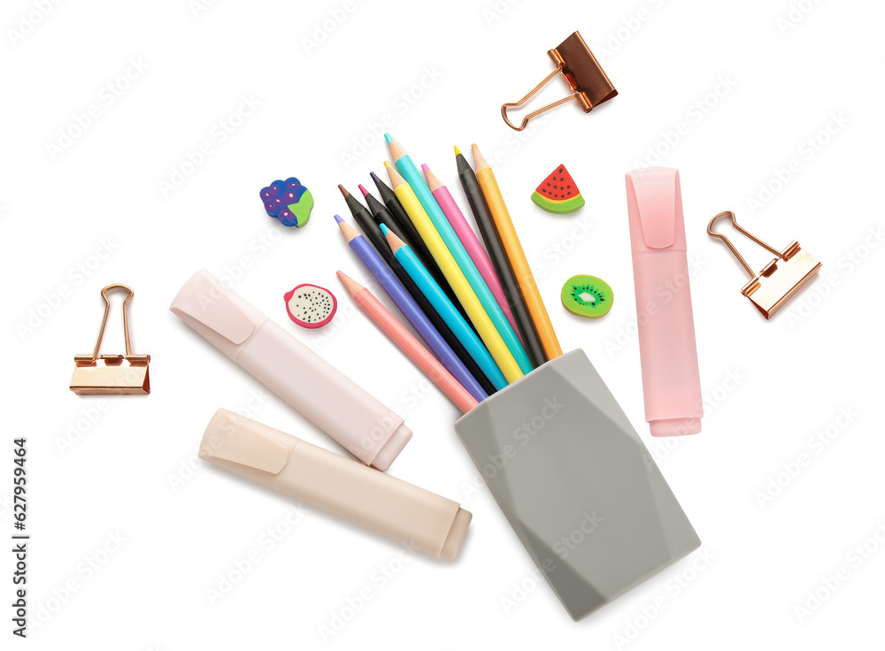 Cup with school stationery on white background