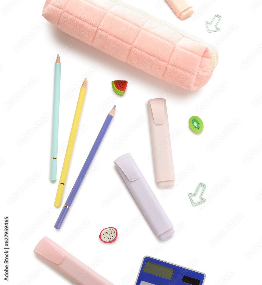 Pencil case and school stationery on white background