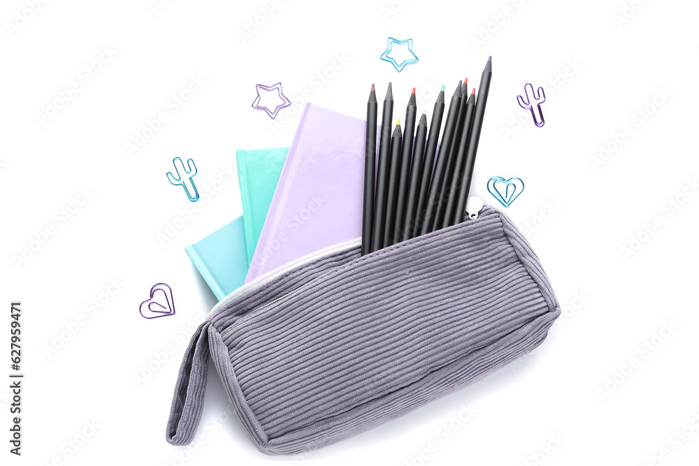 Pencil case with school stationery and notebooks on white background