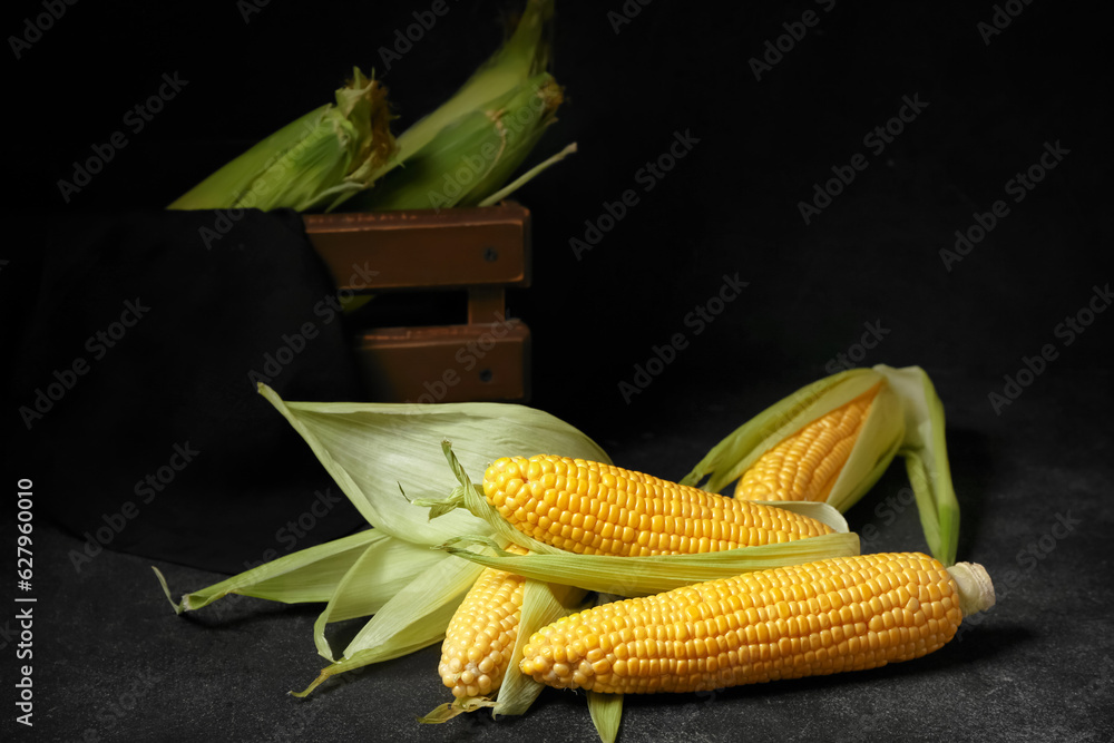 Fresh corn cobs on black background