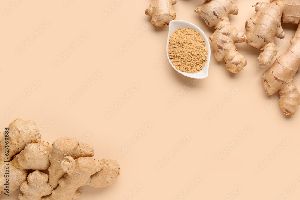 Fresh ginger roots and bowl with dried powder on orange background