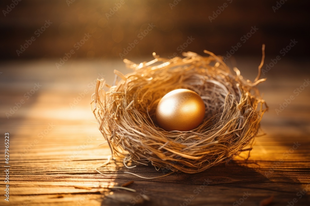 Golden egg in the nest on a wooden background. Easter concept. A shiny and glowing golden egg on the