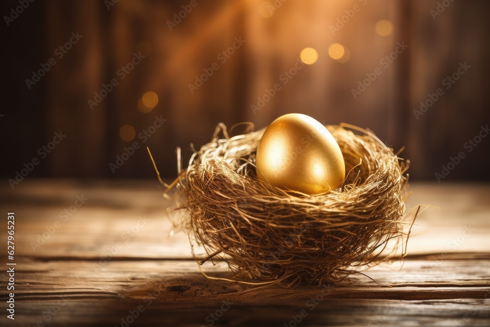 Golden egg in nest on wooden background. Happy easter concept. A shiny and glowing golden egg on the