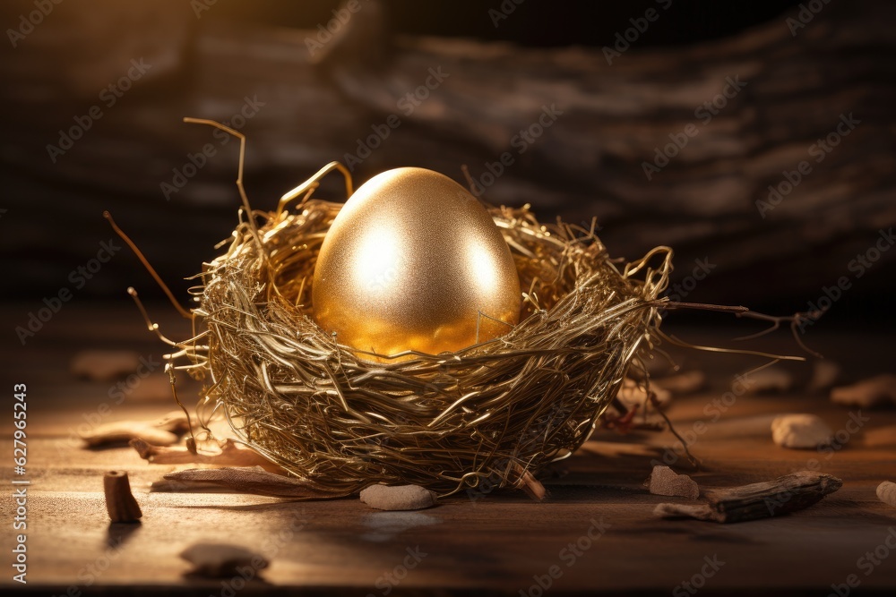 Golden egg in a nest on a wooden background. Happy Easter concept, A shiny and glowing golden egg on