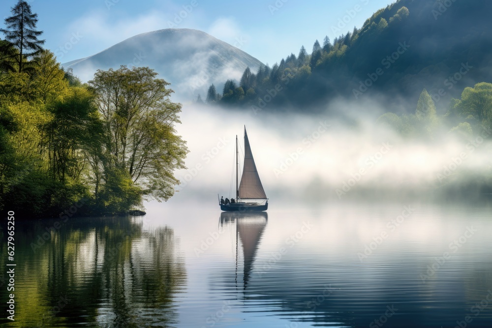 Sailing boat on the lake in the morning mist. Beautiful landscape. a serene lake with trees and plan