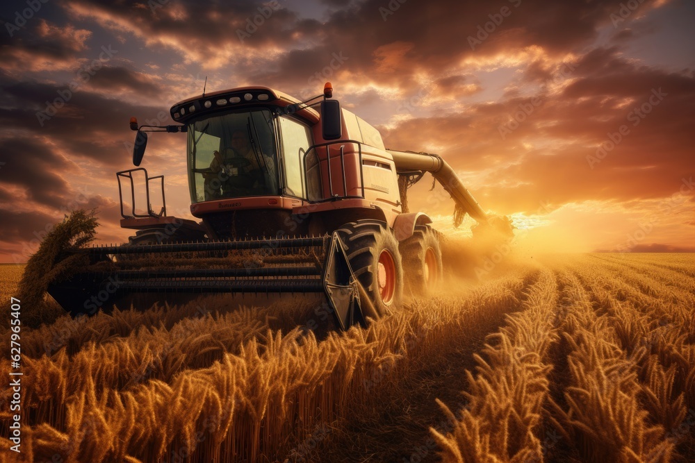 Combine harvester working on a wheat field at sunset. A tractor harvesting wheat starch in the sunse