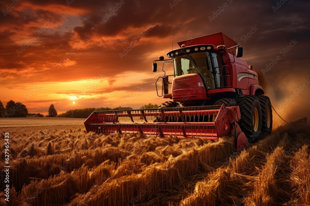 Combine harvester working on a wheat field at sunset. A tractor harvesting wheat starch in the sunse