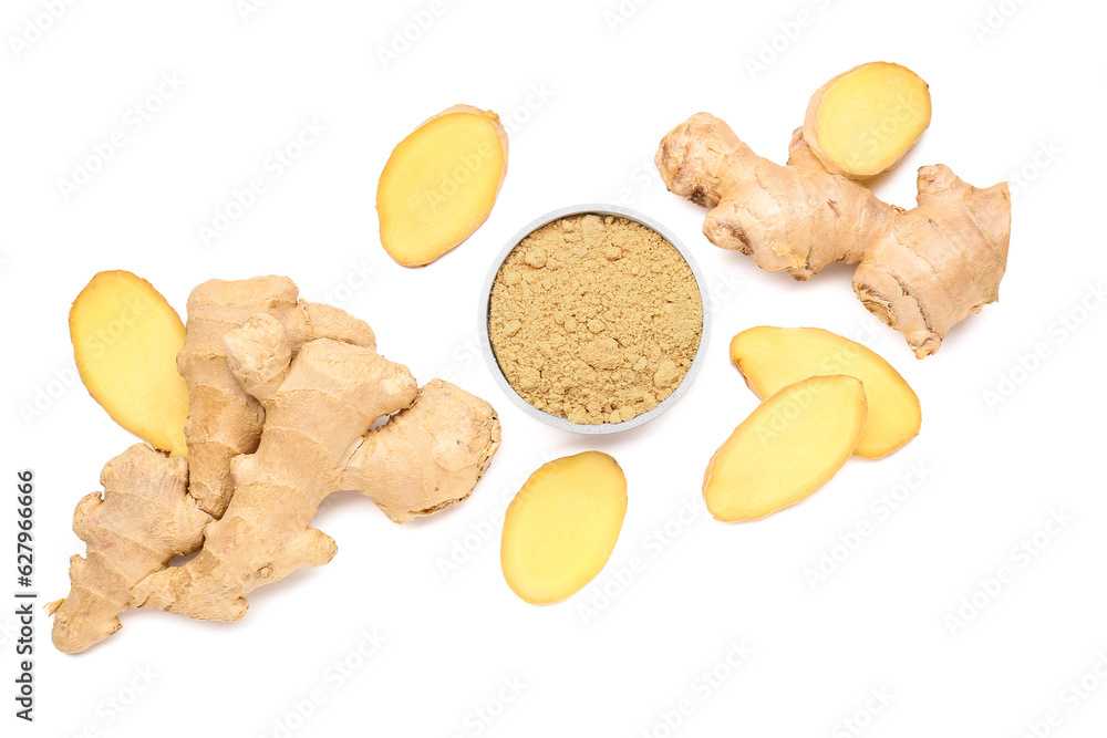 Fresh ginger roots and bowl with dried powder on white background