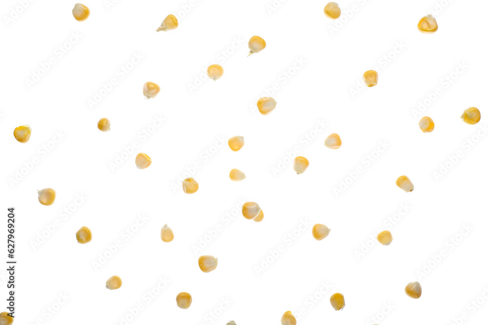 Flying corn kernels isolated on white background