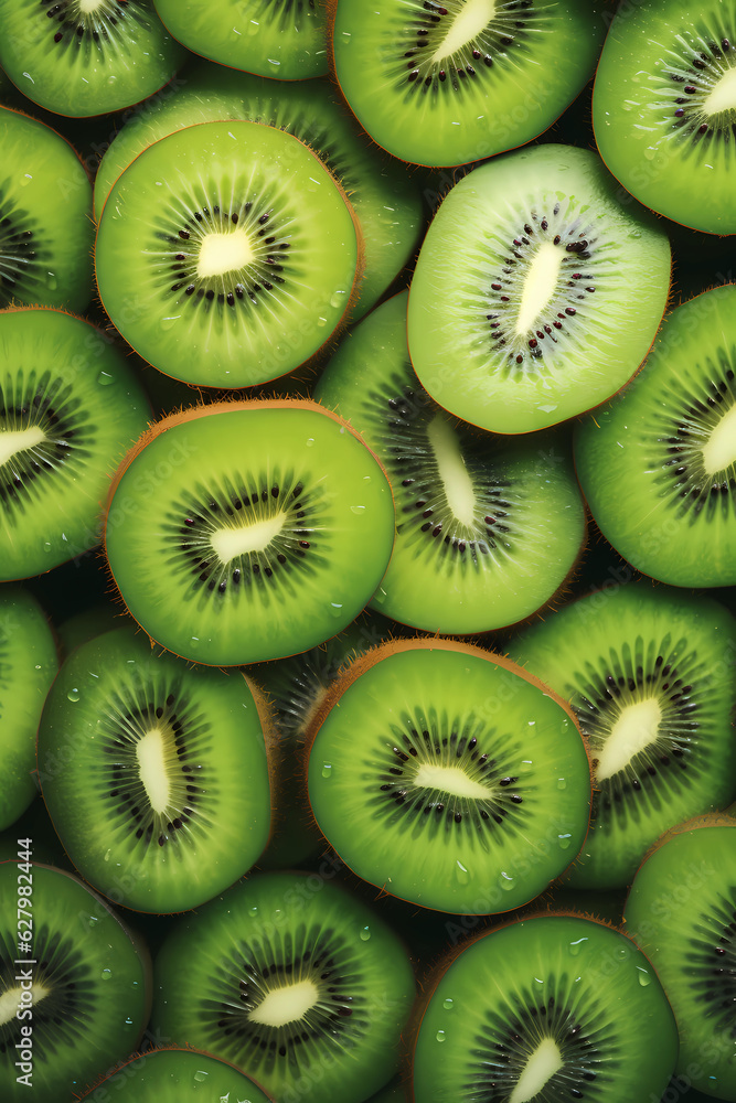 A closeup photo of sliced kiwis in a bowl, in the style of light green and dark emerald