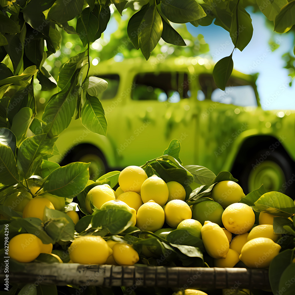 Green lemon hanging from a lemon tree In the background is a lemon plantation and Lime pick - up tru