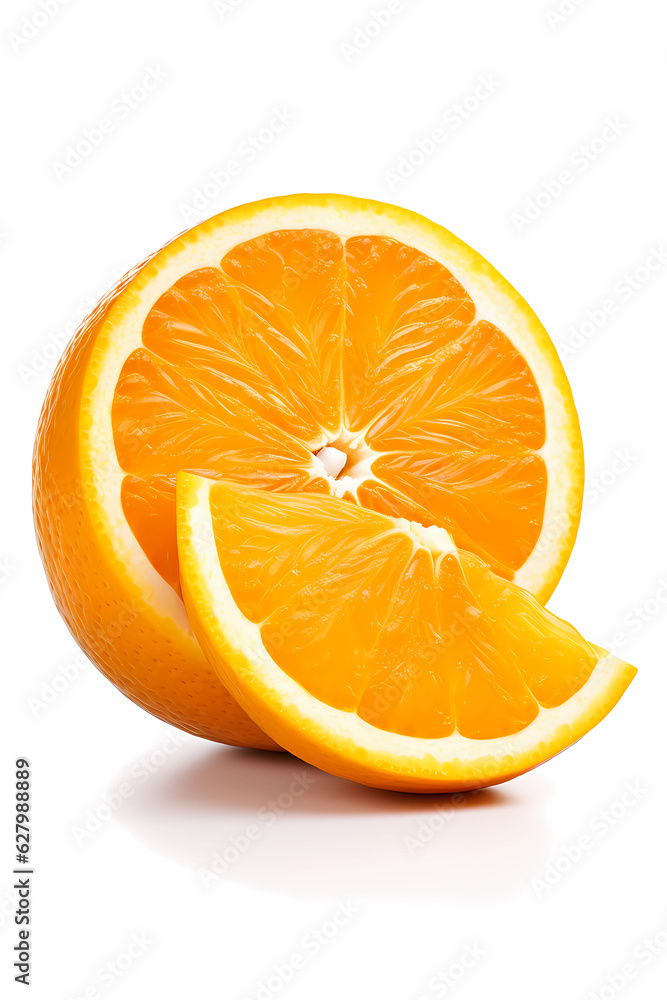 A cut orange fruit with leaves on a white background, in the style of bold contrast