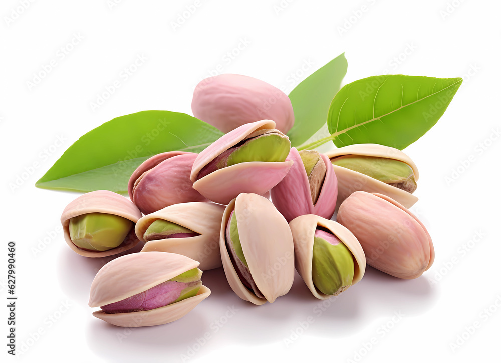 Pistachios on a white background with leaf and leaf, in the style of light pink and light green