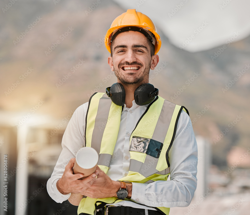 Portrait, architecture and happy man at construction site with blueprint for inspection, project man