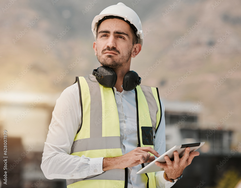 Thinking, engineering and man at construction site with tablet for inspection, project management an