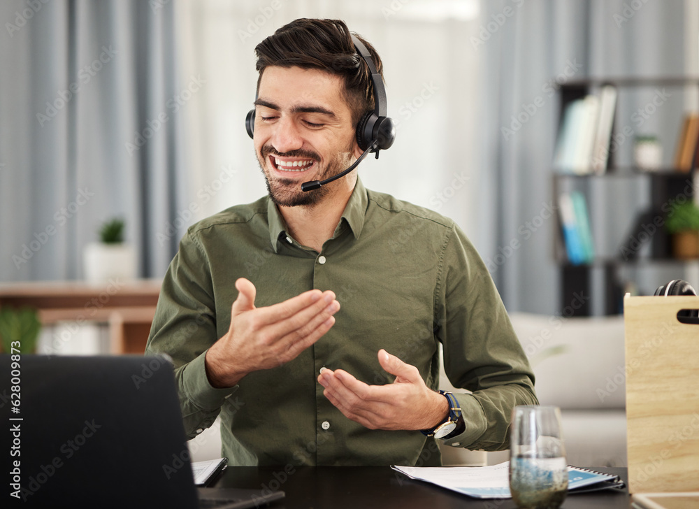 Laptop, advice and happy man in home office for webinar, video call and remote work with streaming s