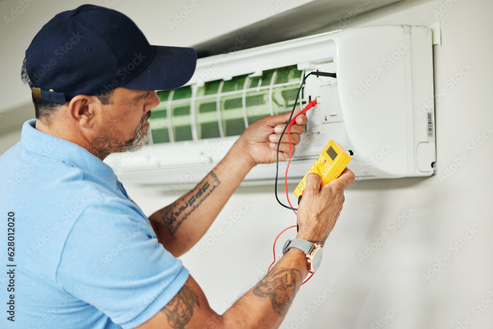 Air conditioner, meter and electrician man for ac repair, maintenance and electrical power services 