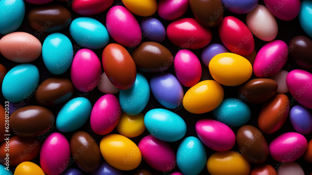 Close up of a pile of colorful chocolate coated candies. Candy background. Generative AI