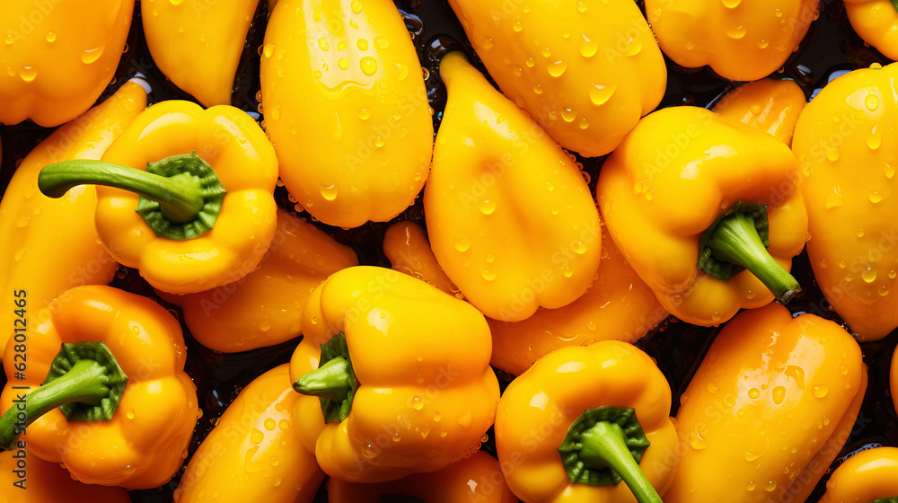 Fresh yellow bell peppers with water drops background. Vegetables backdrop. Generative AI