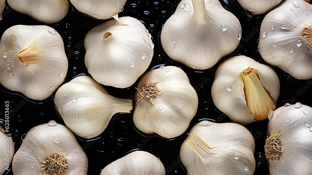 Fresh garlic with water drops background. Vegetables backdrop. Generative AI