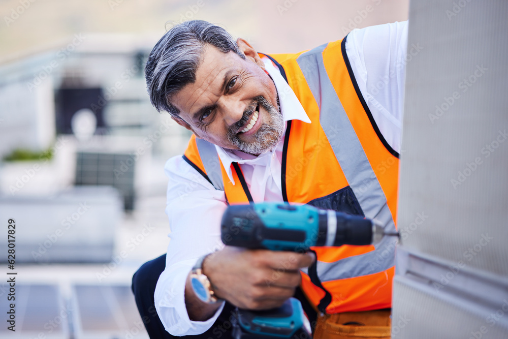 Solar panels, man and portrait with drill for maintenance of building, power box and upgrade in city