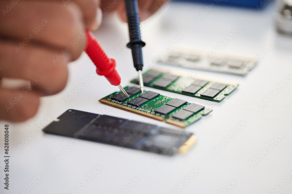 Hands, motherboard and engineer solder circuit board for technology, electrical hardware or CPU micr