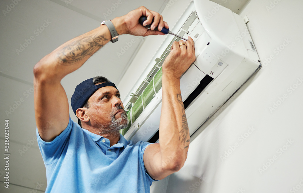 Maintenance, ac repair and air conditioner with man and screwdriver for electrician, ventilation and