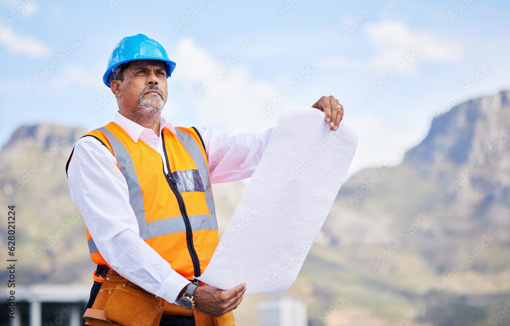 Engineering man, thinking and blueprint for outdoor construction, planning and project management in