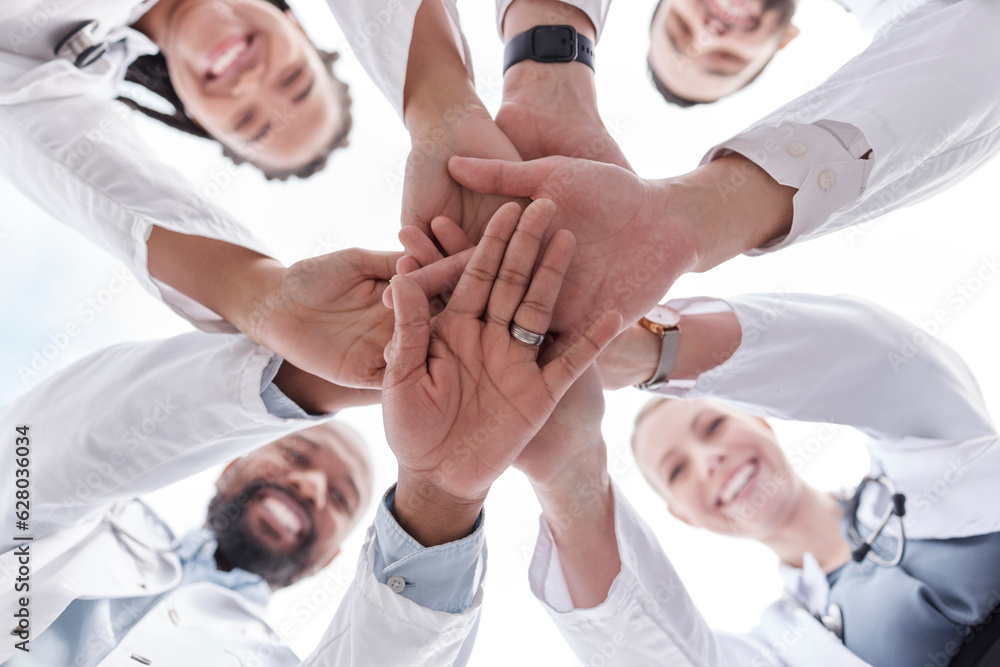 Hospital doctors, happy people and circle hands together for healthcare teamwork, medical team build