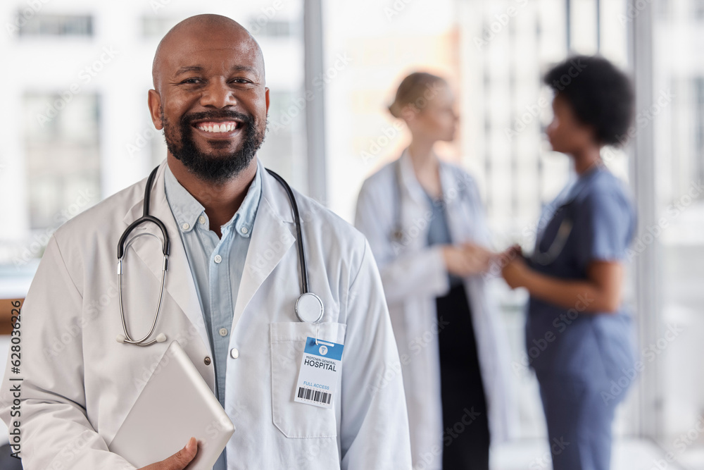 Smile, portrait and hospital doctor, black man or cardiologist team leader of healthcare trust, medi