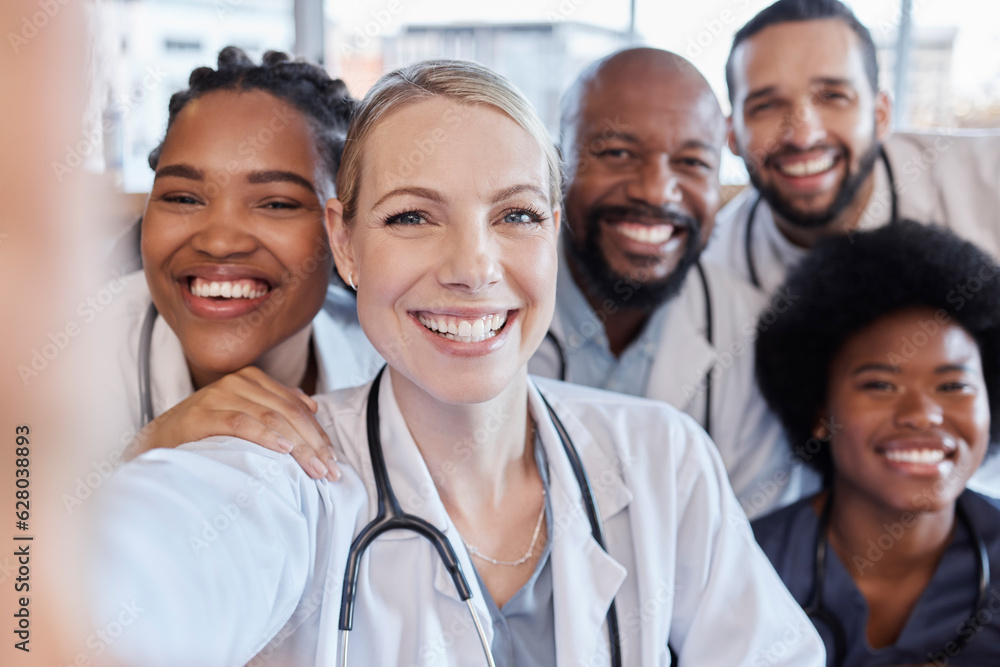 Selfie, portrait and hospital doctors, happy people or surgeon team smile on healthcare, medical pho