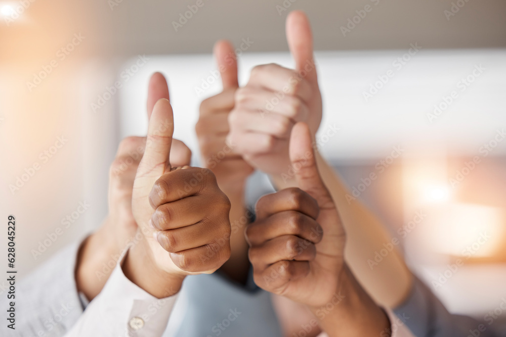 Thumbs up, business people and hands for success, teamwork and vote yes to show support. Closeup, em