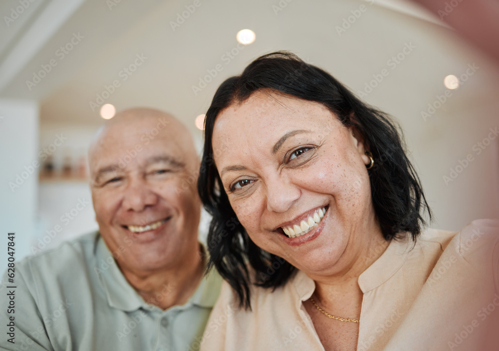 Smile, happy and selfie with old couple in living room for love, support and retirement. Happiness, 