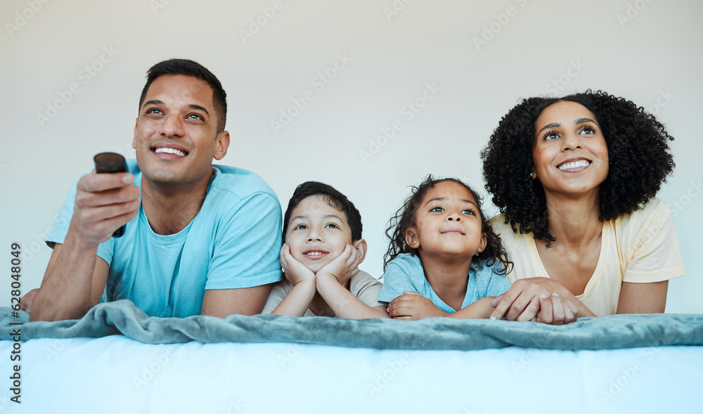 Mom, dad and children on bed, watching tv and smile for comedy, funny movie or cartoon in family hou