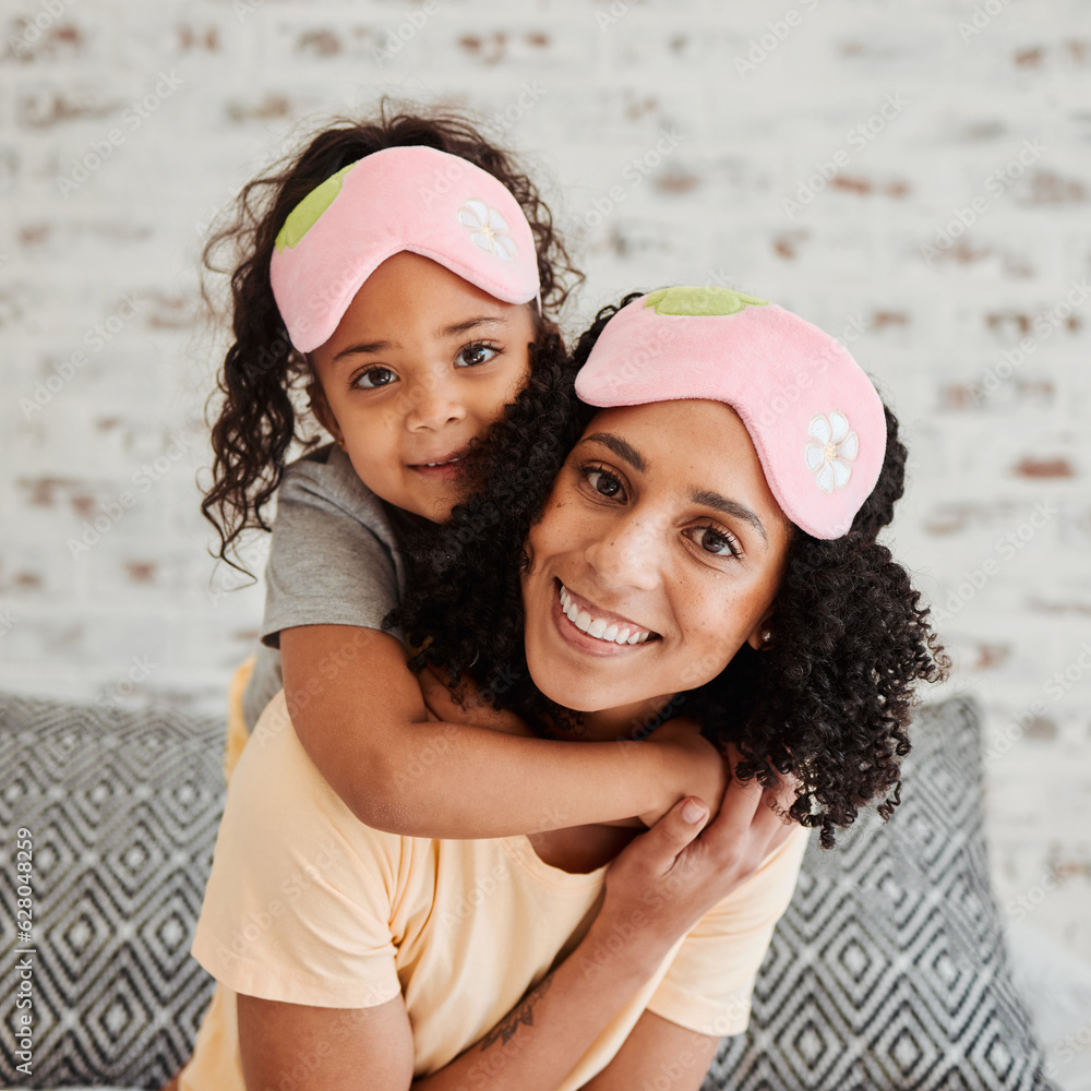 Hug, portrait and mother with girl in bedroom to relax with smile for quality time or care in home. 