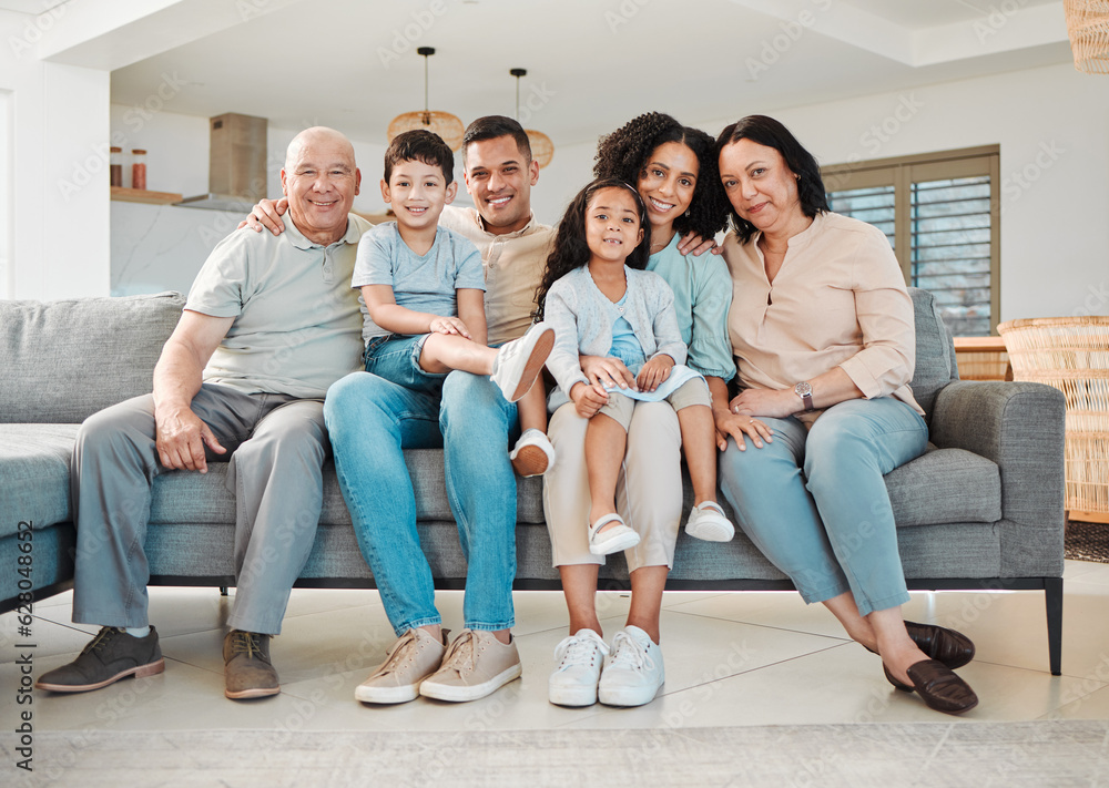 Portrait of grandparents, parents and kids on sofa together, support and love in new home or apartme