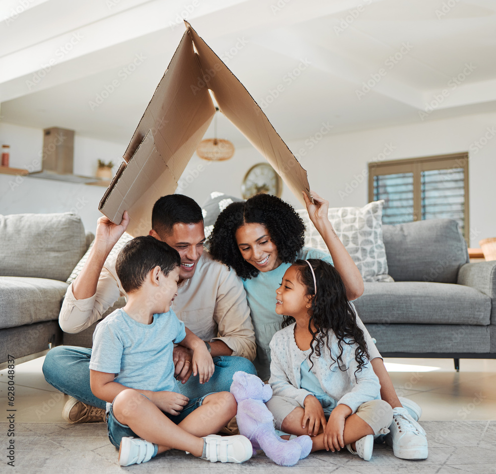 Happy family, children and parents with home insurance, investment and safety or love on floor with 