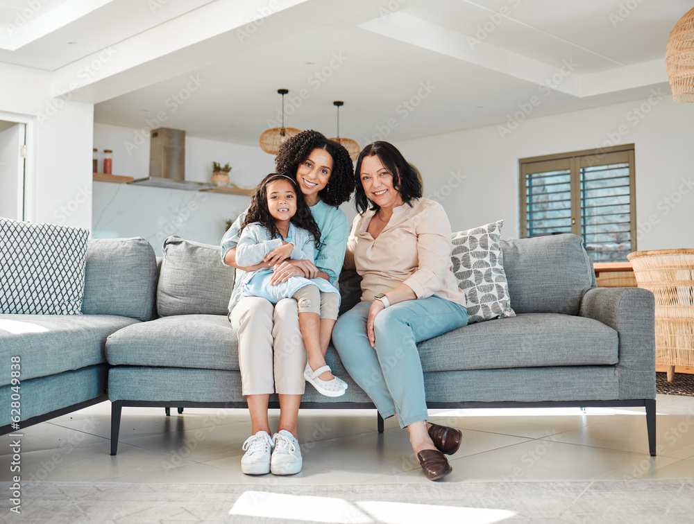 Mom, grandmother and girl on sofa for portrait in living room, home or happy together for bonding, q