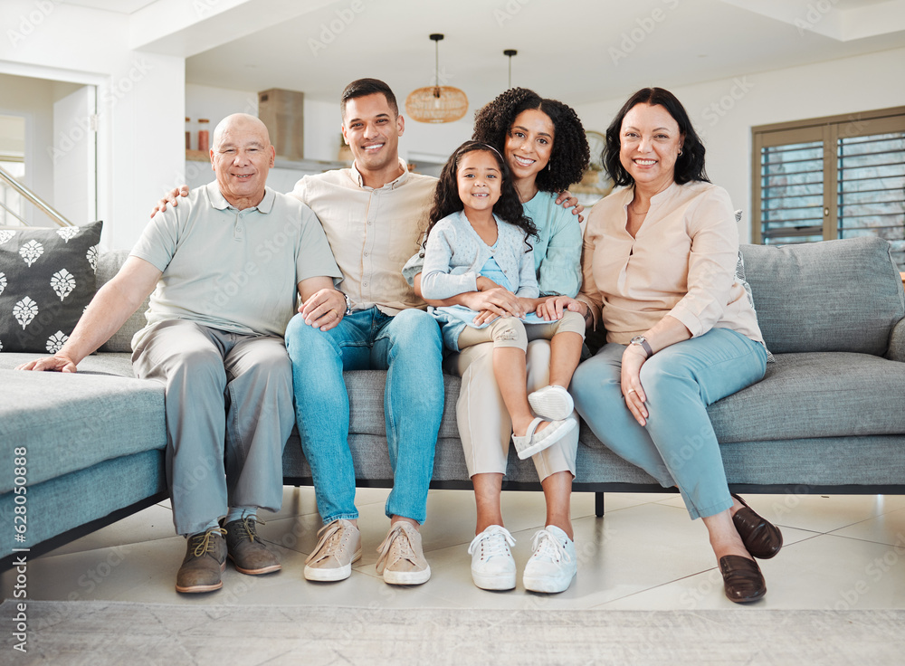 Relax, portrait and generations of family on sofa together, support and love in new home or apartmen