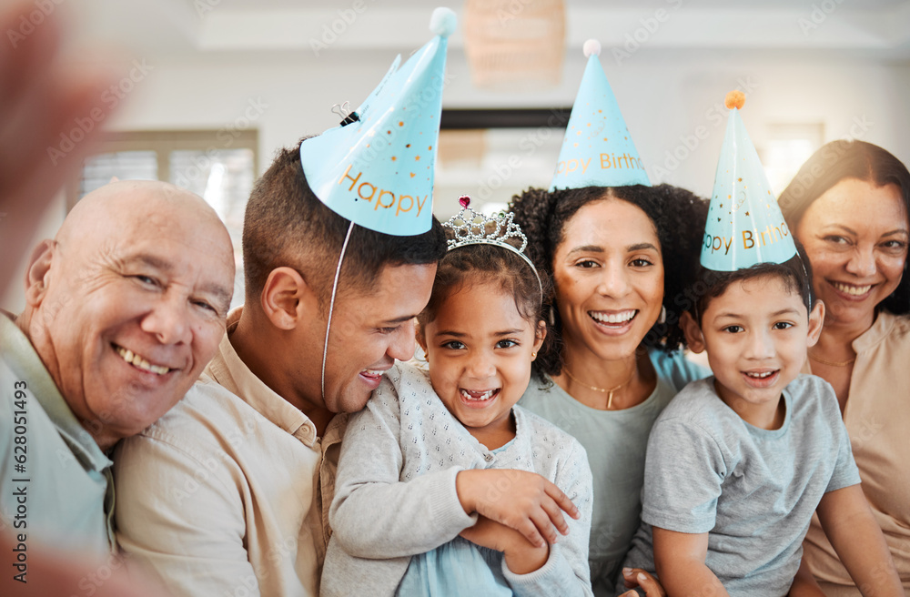 Birthday selfie, big family or happy kids with grandparents taking pictures in living room in house.