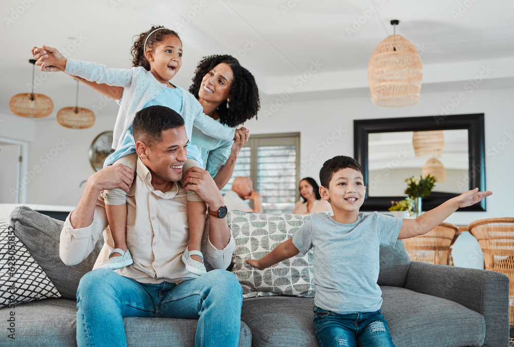 Play, mother or children with father in living room to relax as a happy family bonding in Portugal w